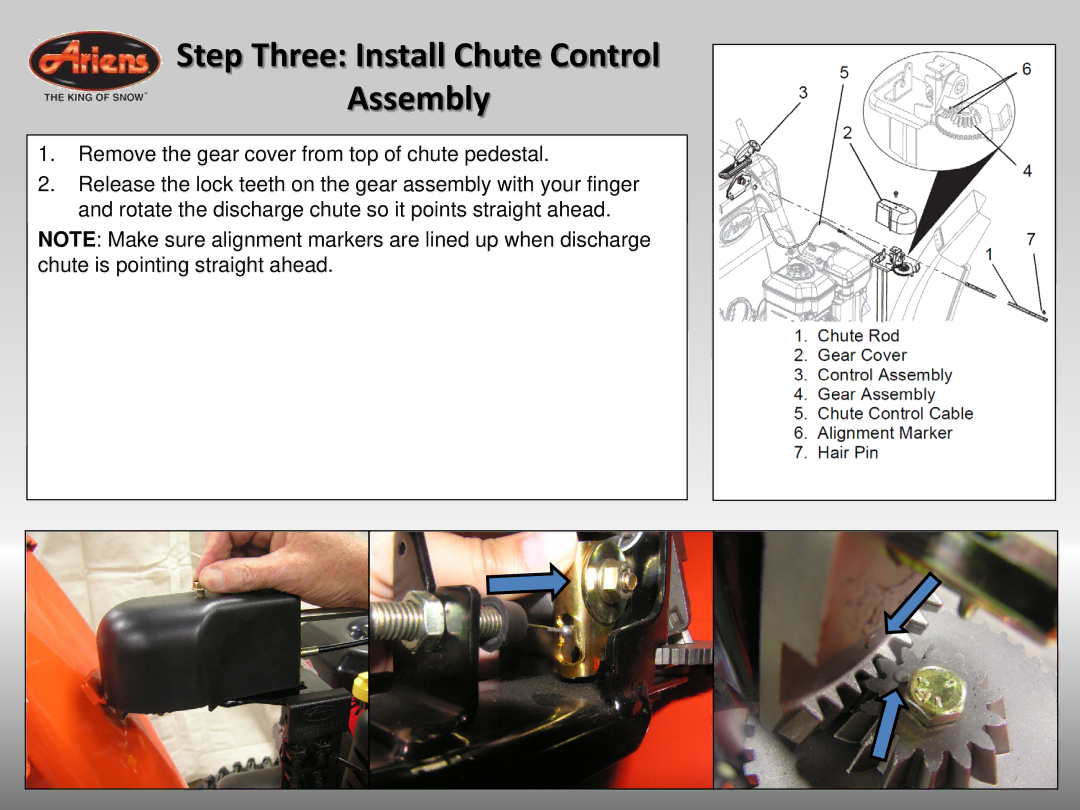 Ariens 926042 quick start Step Three Install Chute Control Assembly, Remove the gear cover from top of chute pedestal 