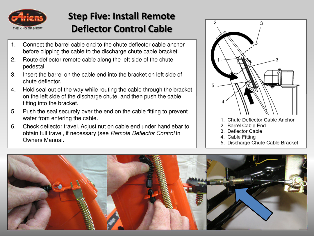 Ariens 926042 quick start Step Five Install Remote Deflector Control Cable 