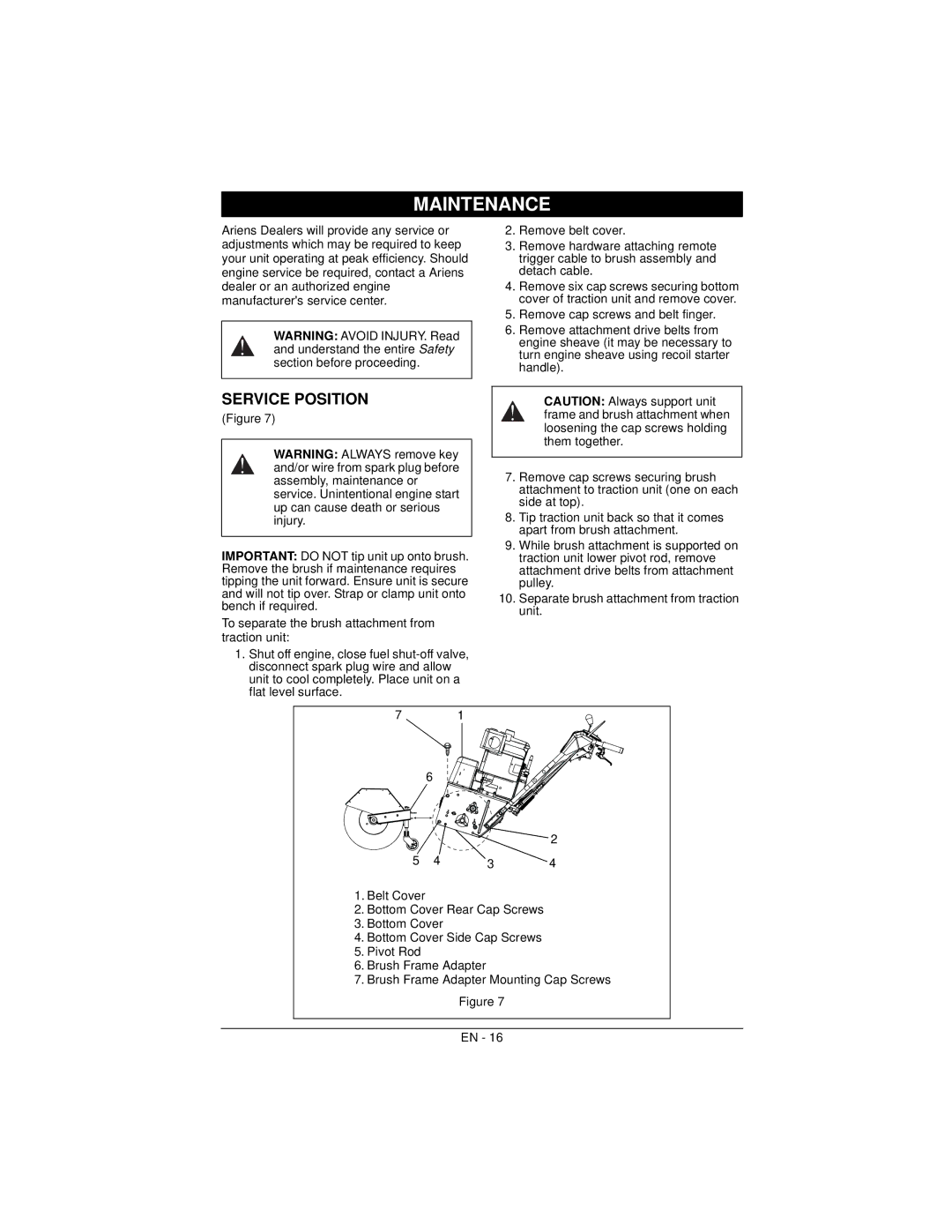 Ariens 926057 warranty Maintenance, Service Position 