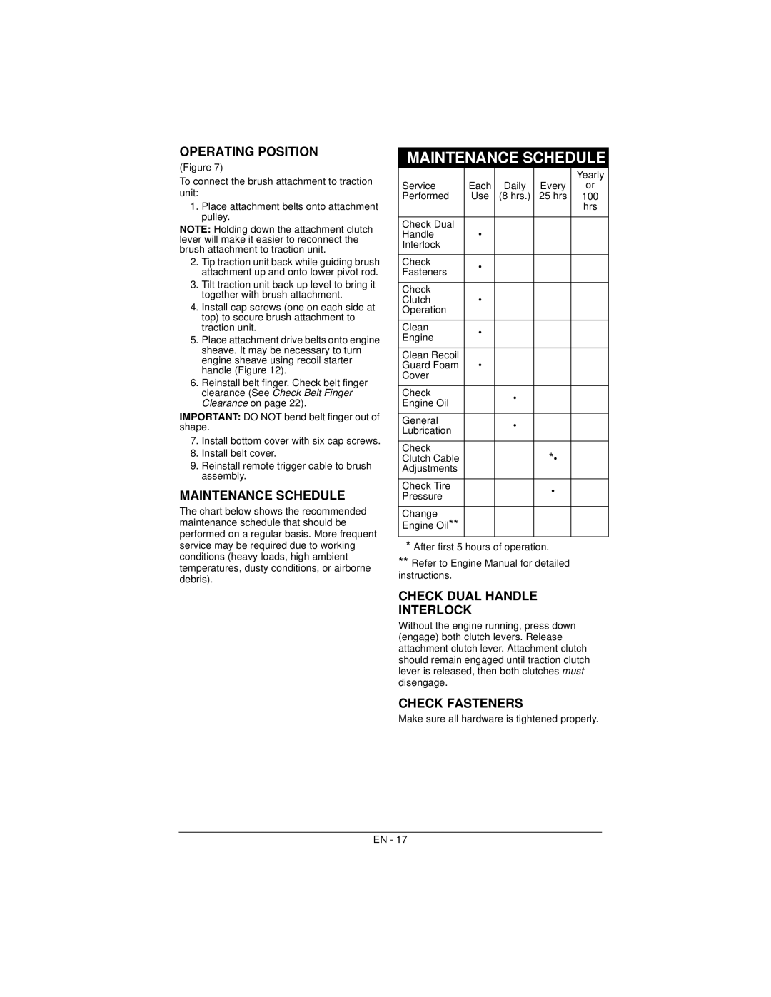 Ariens 926057 warranty Maintenance Schedule, Operating Position, Check Dual Handle Interlock, Check Fasteners 