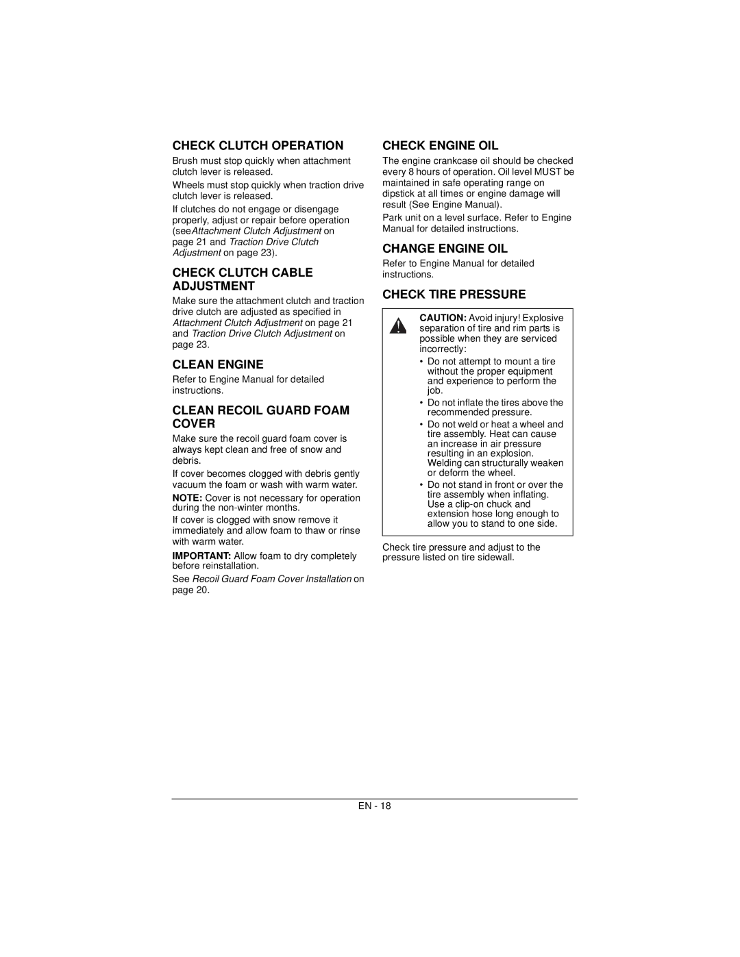 Ariens 926057 warranty Check Clutch Operation, Check Clutch Cable Adjustment, Clean Engine, Clean Recoil Guard Foam Cover 