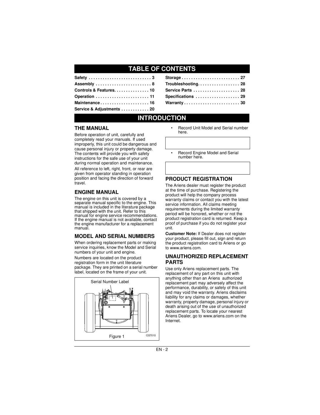 Ariens 926057 warranty Table of Contents, Introduction 