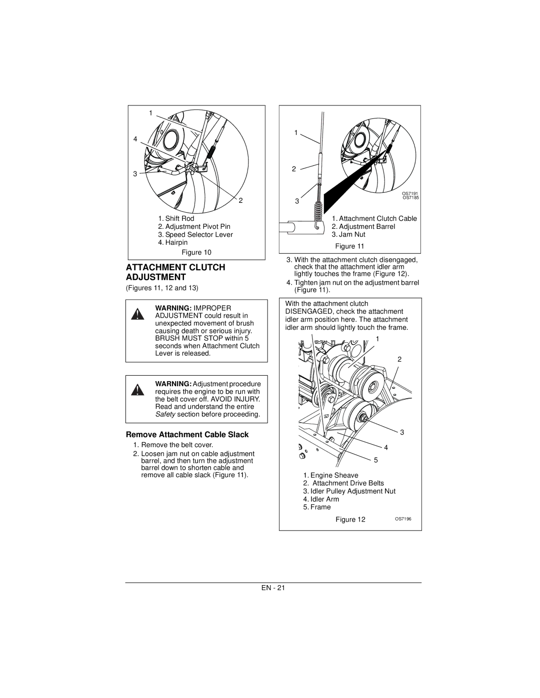 Ariens 926057 warranty Attachment Clutch Adjustment, Remove Attachment Cable Slack 