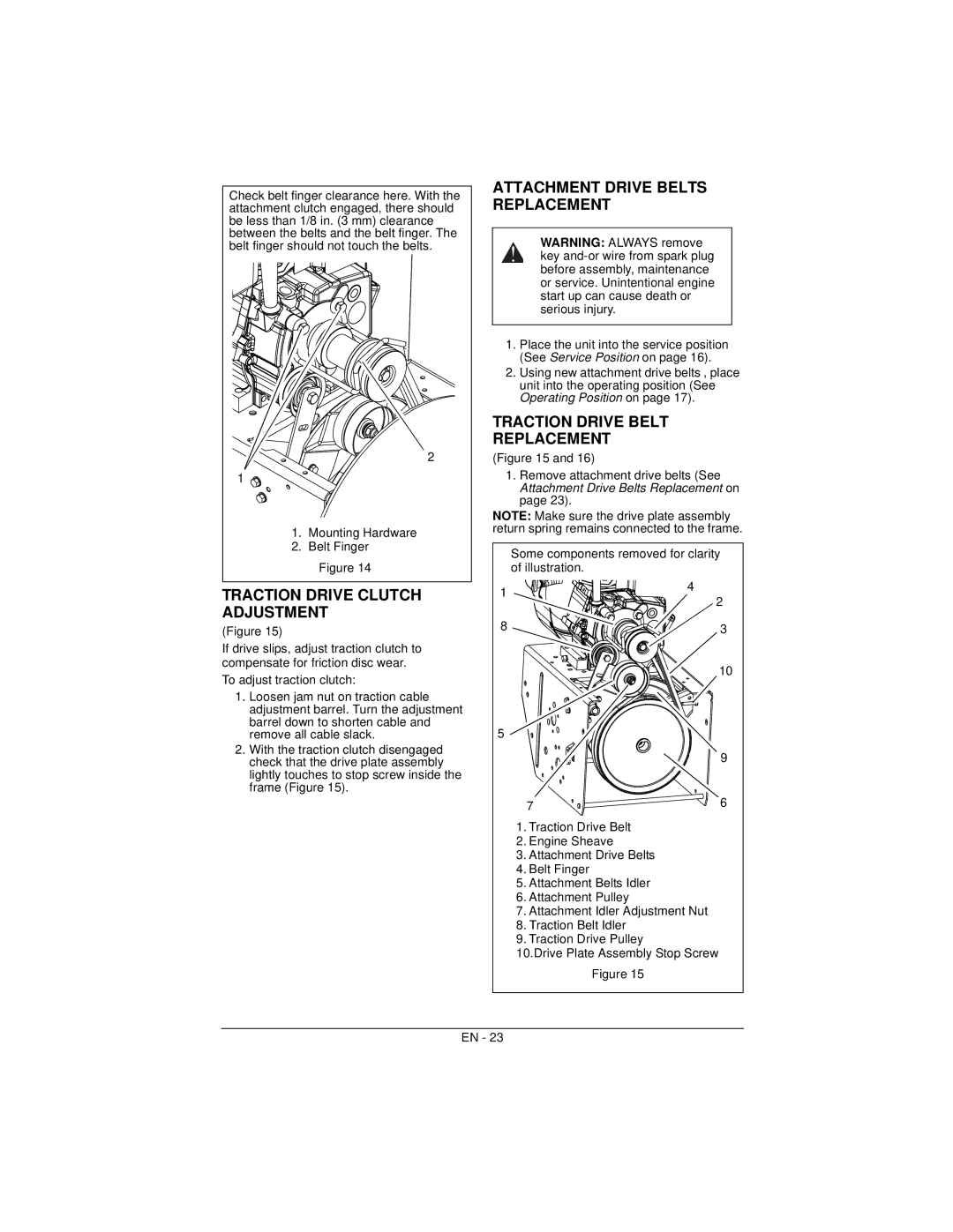 Ariens 926057 Traction Drive Clutch Adjustment, Attachment Drive Belts Replacement, Traction Drive Belt Replacement 