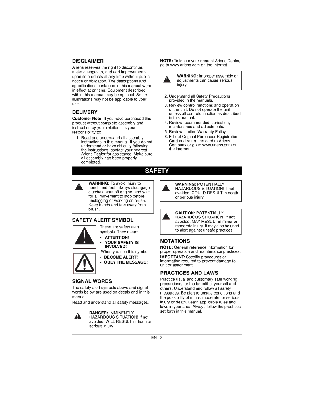 Ariens 926057 warranty Safety 