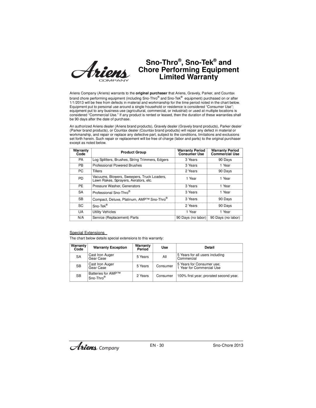 Ariens 926057 warranty Special Extensions 