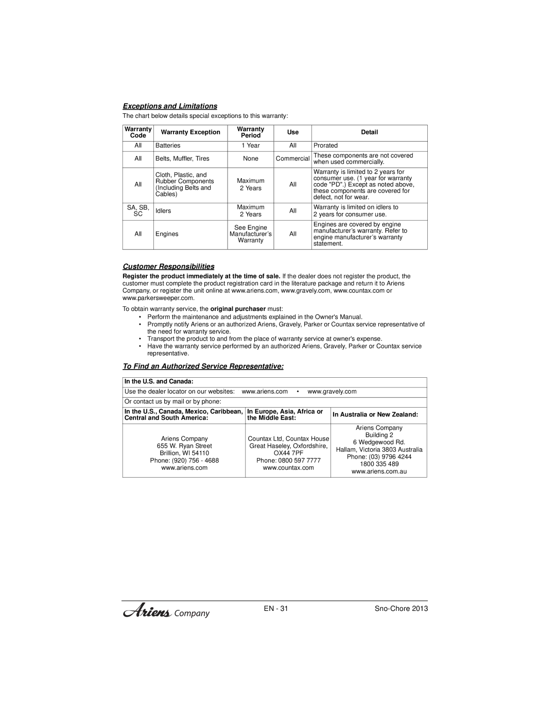 Ariens 926057 warranty Exceptions and Limitations 