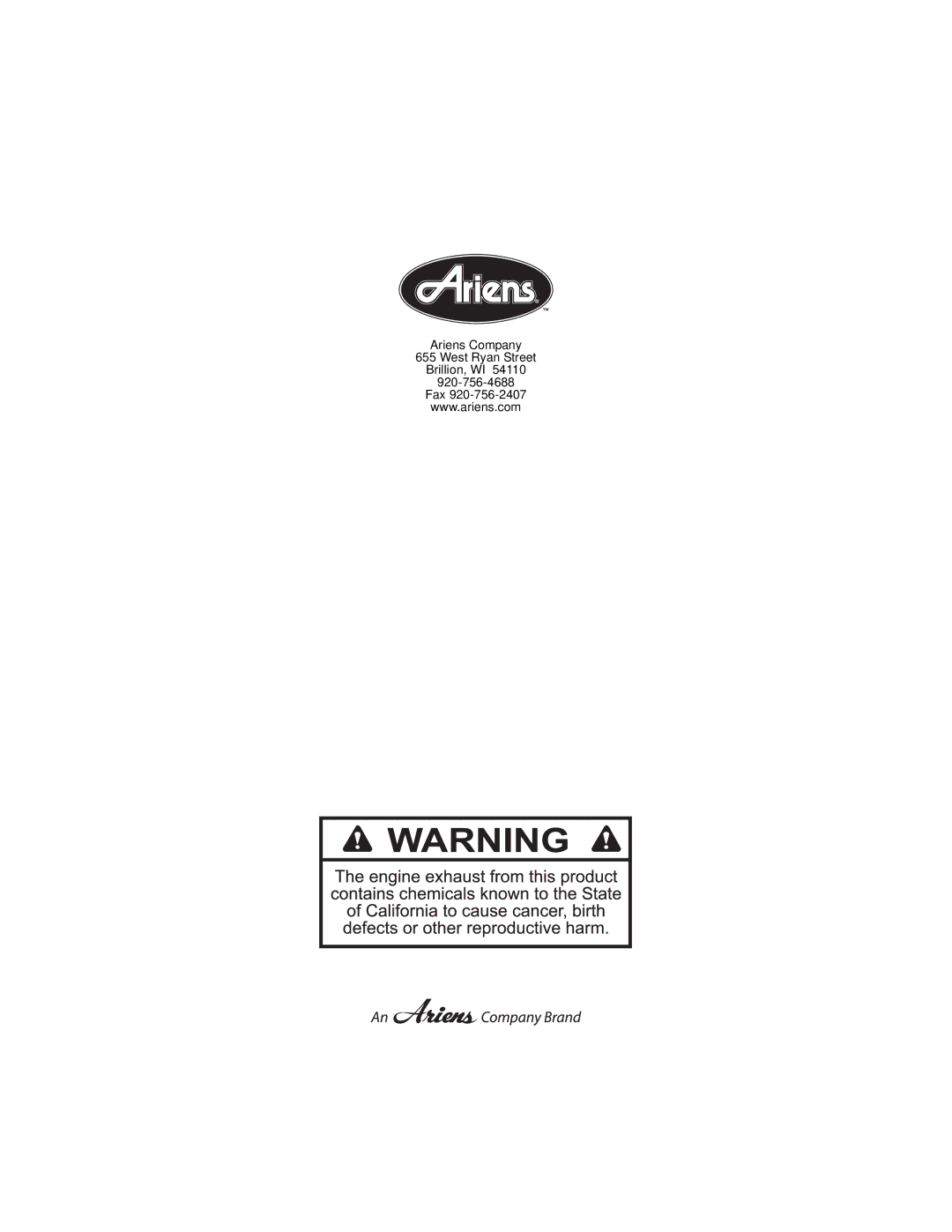 Ariens 926057 warranty Ariens Company West Ryan Street Brillion, WI Fax 