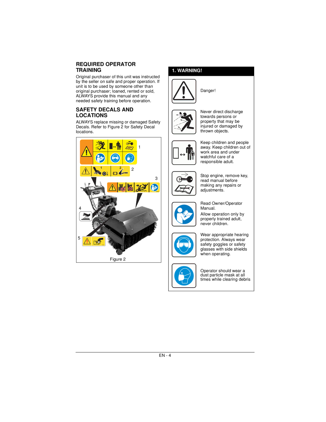 Ariens 926057 warranty Required Operator Training, Safety Decals Locations 