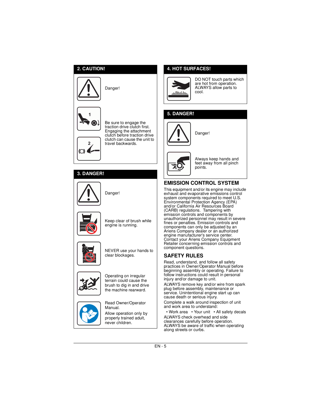 Ariens 926057 warranty Emission Control System, Safety Rules 