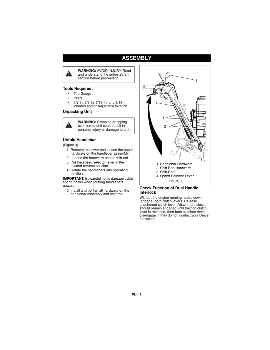 Ariens 926057 warranty Assembly, Tools Required, Unpacking Unit Unfold Handlebar, Check Function of Dual Handle Interlock 