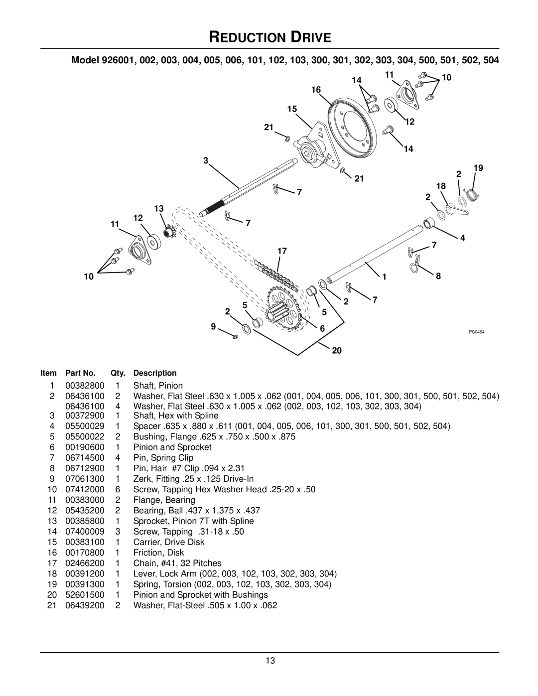 Ariens 926301 - 926DLE, 926300 - 11526DLE, 926103 - 1332LE, 926006 - 1328DLE, 926003 - 1332LE, 926001 - 926LE Reduction Drive 