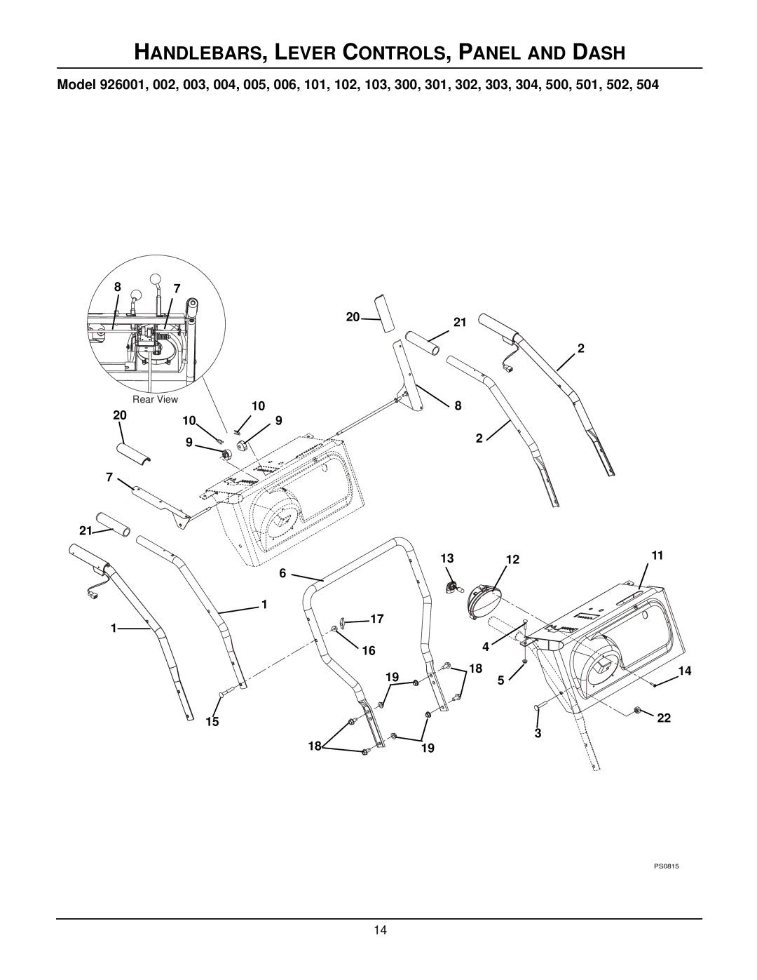 Ariens 926300 - 11526DLE, 926301 - 926DLE, 926103 - 1332LE, 926006 - 1328DLE manual HANDLEBARS, Lever CONTROLS, Panel and Dash 