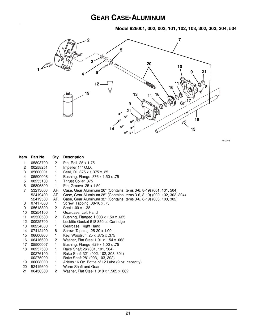 Ariens 926005 - 11526DLE, 926301 - 926DLE manual Gear CASE-ALUMINUM, Model 926001, 002, 003, 101, 102, 103, 302, 303, 304 