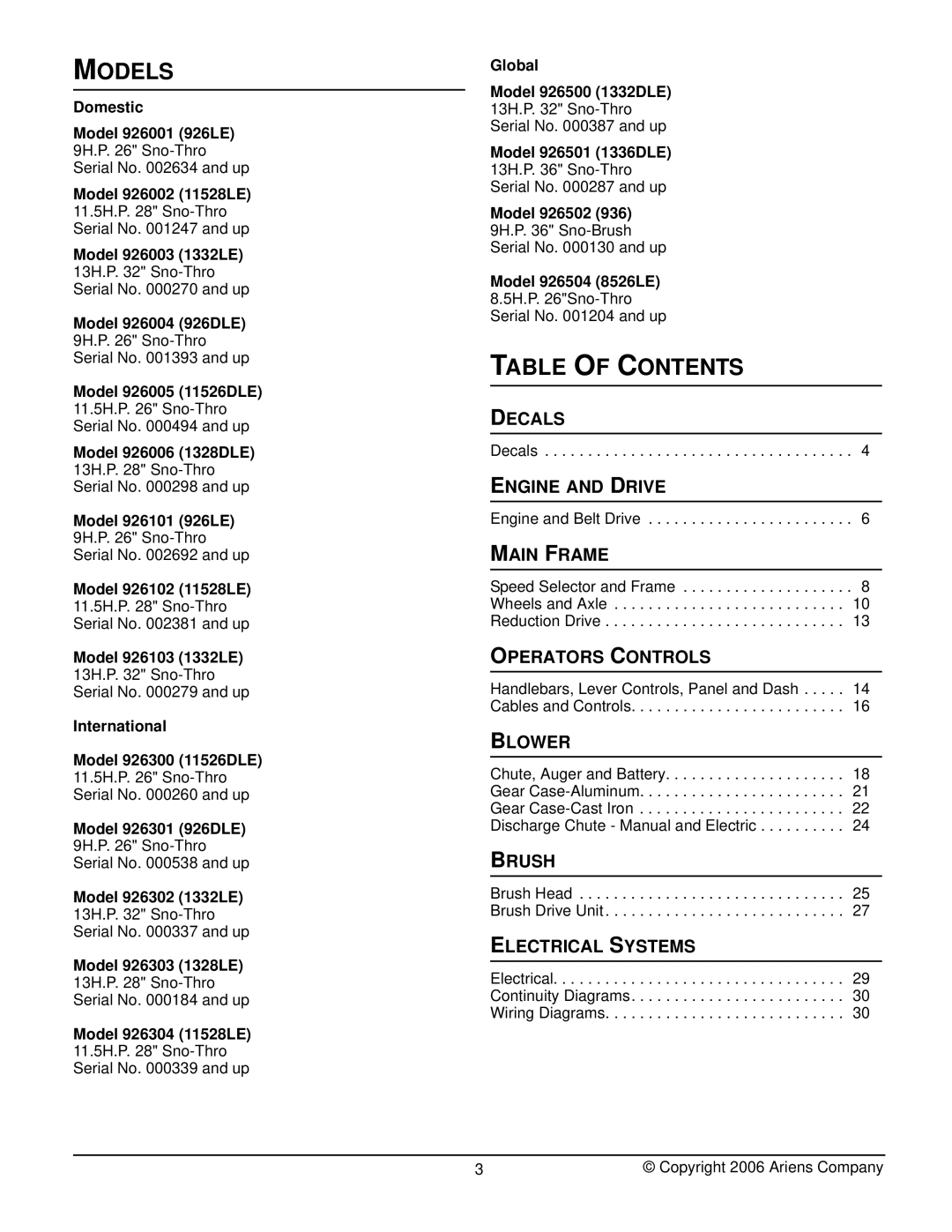 Ariens 926006 - 1328DLE, 926301 - 926DLE, 926300 - 11526DLE, 926103 - 1332LE, 926003 - 1332LE manual Models, Table of Contents 