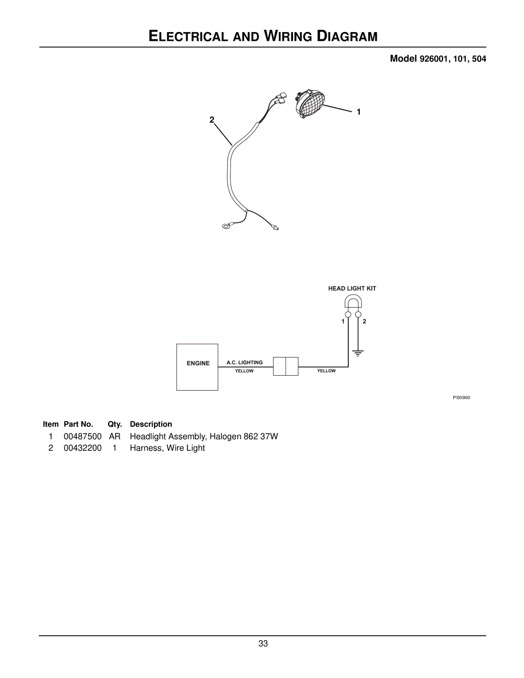 Ariens 926002 - 11528LE, 926301 - 926DLE, 926300 - 11526DLE, 926001 - 926LE Electrical and Wiring Diagram, Model 926001, 101 