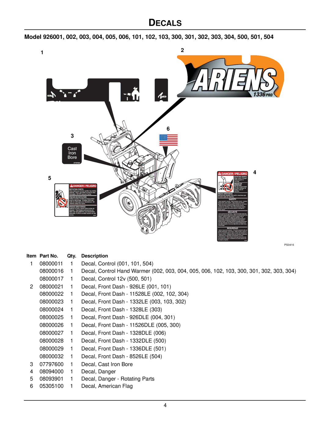 Ariens 926003 - 1332LE, 926301 - 926DLE, 926300 - 11526DLE, 926103 - 1332LE, 926006 - 1328DLE, 926102 - 11528LE manual Decals 