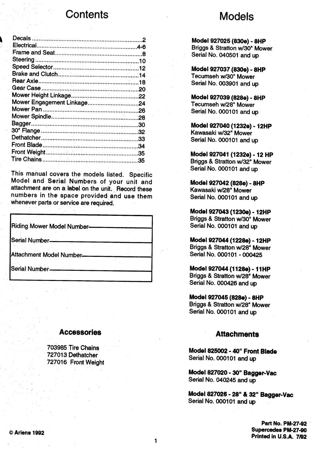 Ariens 927 manual 