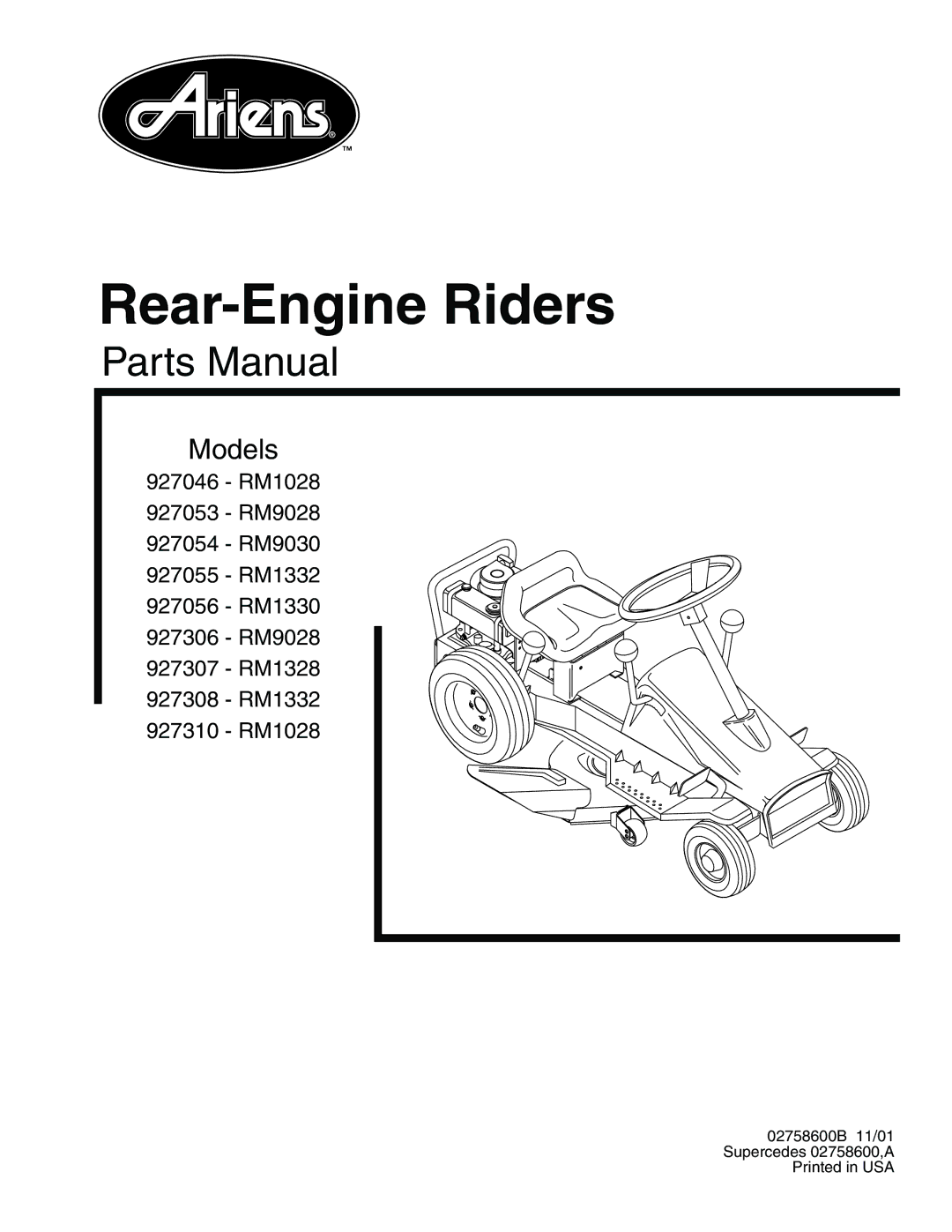 Ariens 927055 - RM1332, 927306 - RM9028, 927056 - RM1330, 927046 - RM1028, 927054 - RM9030 manual Rear-Engine Riders 