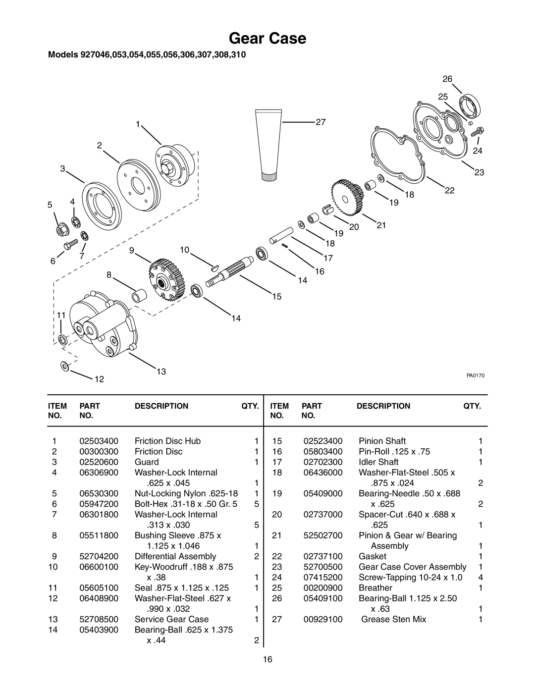 Ariens 927306 - RM9028, 927055 - RM1332, 927056 - RM1330, 927046 - RM1028, 927054 - RM9030, 927053 - RM9028 manual Gear Case 