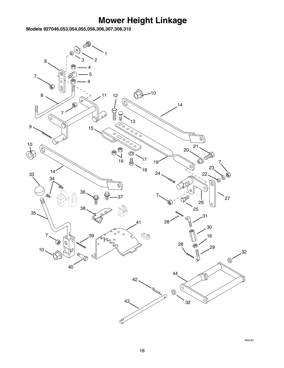 Ariens 927056 - RM1330, 927306 - RM9028, 927055 - RM1332, 927046 - RM1028, 927054 - RM9030 manual Mower Height Linkage 