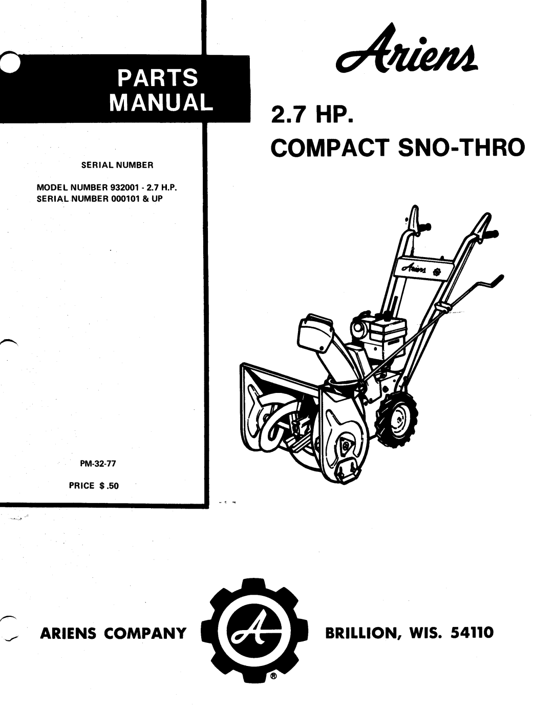 Ariens PM-32-77, 932001 - 2.7 H.P manual 