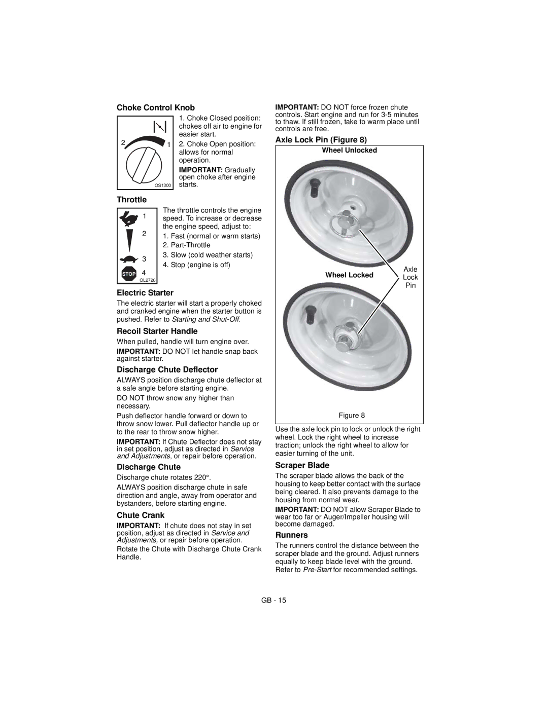 Ariens 932504 - 524 Choke Control Knob, Axle Lock Pin Figure, Throttle, Electric Starter, Recoil Starter Handle, Runners 