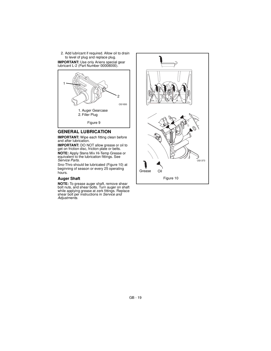 Ariens 932504 - 524, 932036 - 524, 932037 - 724, 932505 - 724 manual General Lubrication, Auger Shaft 