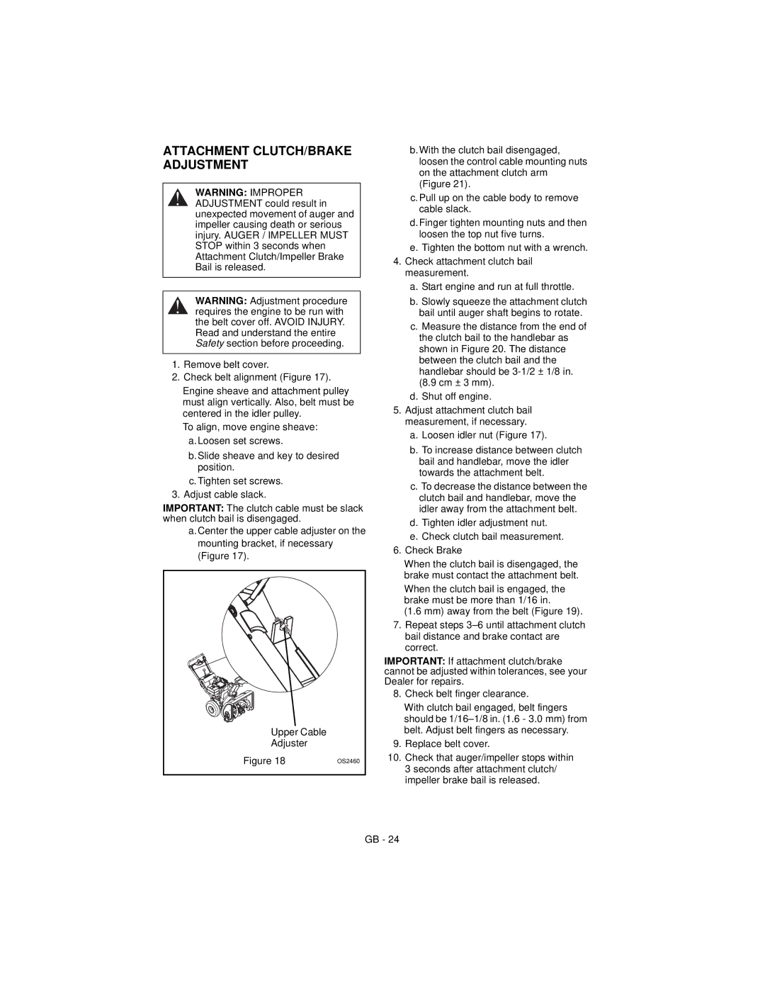 Ariens 932036 - 524, 932037 - 724, 932505 - 724, 932504 - 524 manual Attachment CLUTCH/BRAKE Adjustment 