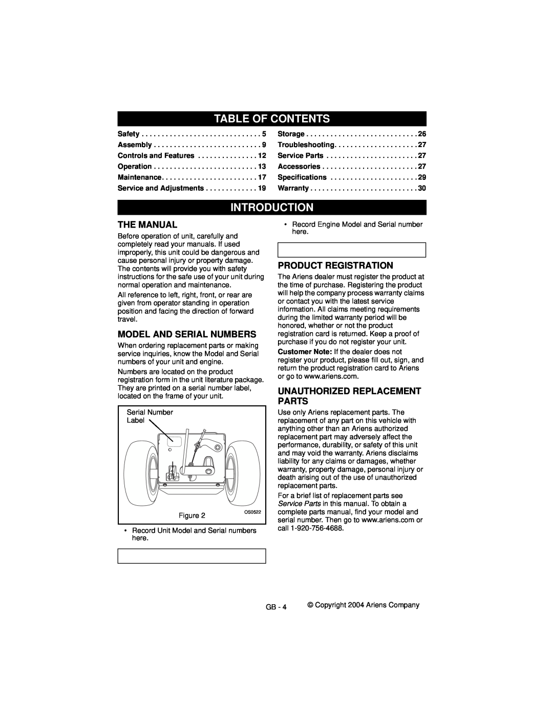 Ariens 932505 - 724 manual Table Of Contents, Introduction, The Manual, Model And Serial Numbers, Product Registration 