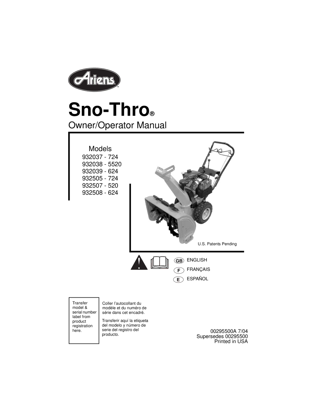 Ariens 932037 - 724, 932038 - 5520, 932039 - 624, 932507 - 520, 932505 - 724, 932508 - 624 manual Sno-Thro 