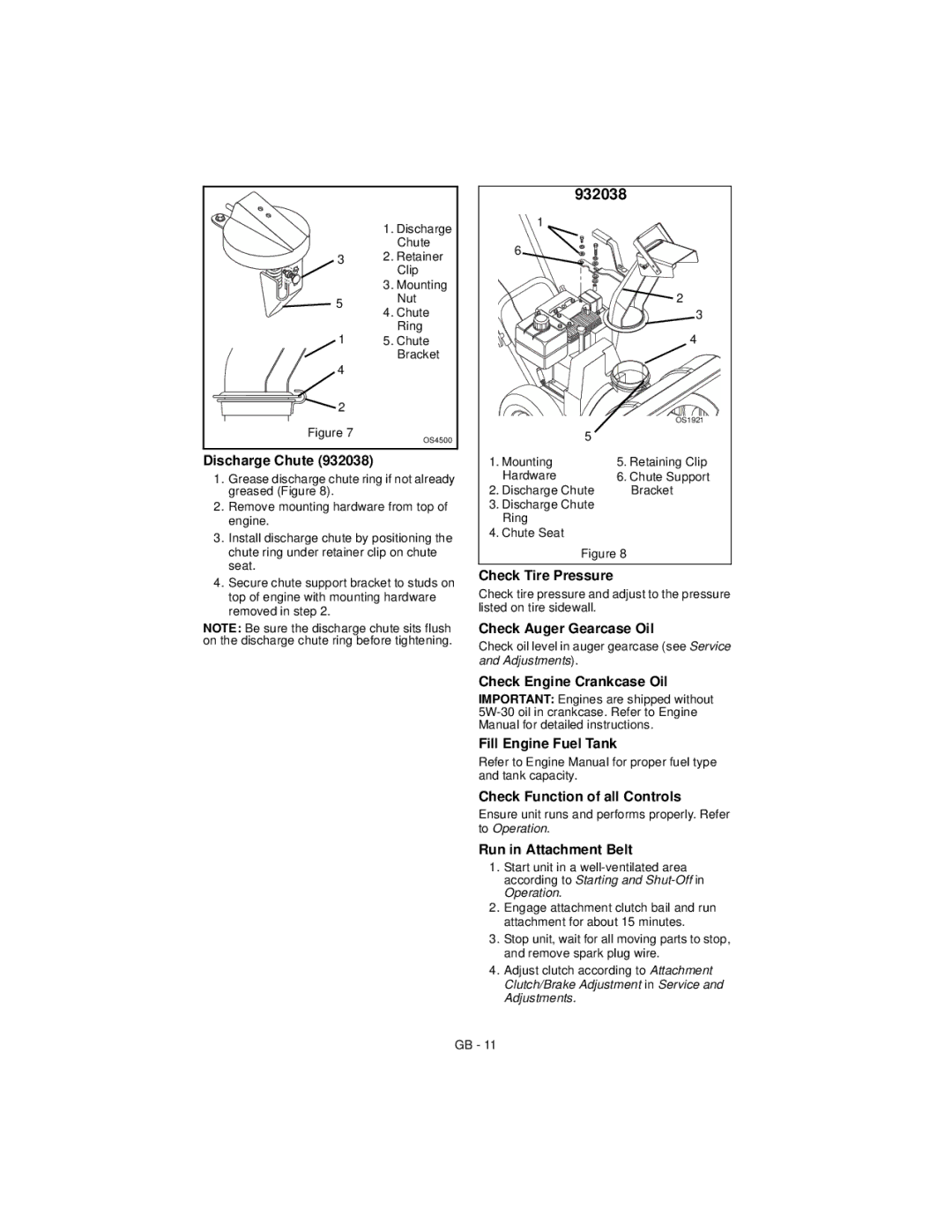 Ariens 932508 - 624 manual Discharge Chute, Check Tire Pressure, Check Auger Gearcase Oil, Check Engine Crankcase Oil 