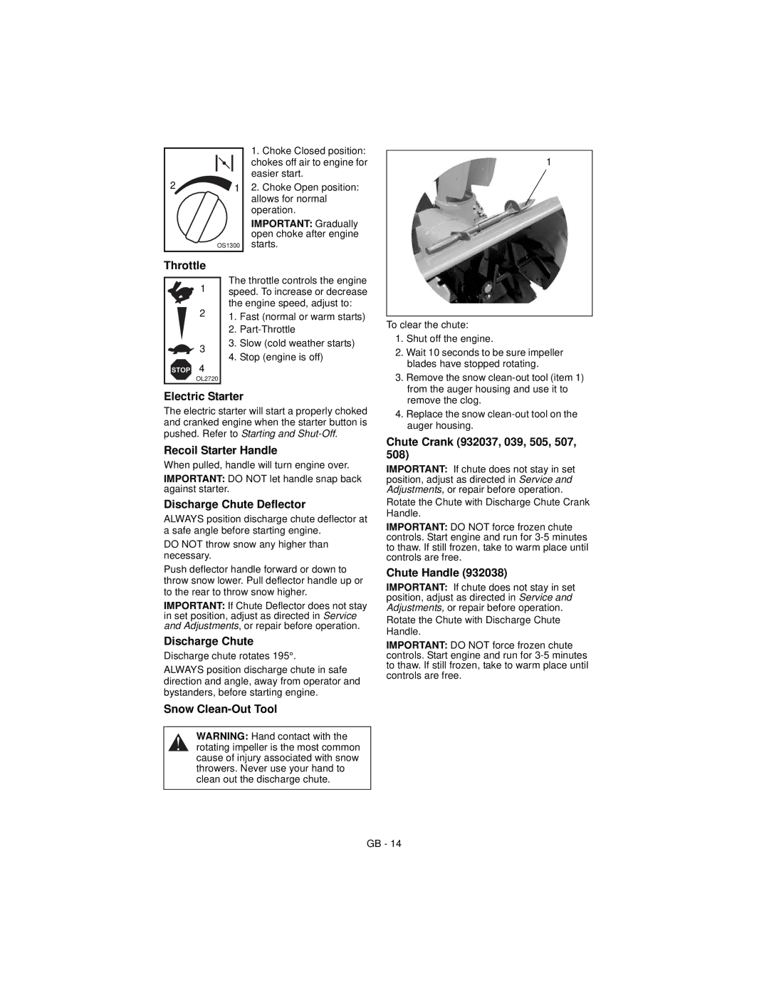 Ariens 932039 - 624 Throttle, Electric Starter, Recoil Starter Handle, Discharge Chute Deflector, Snow Clean-Out Tool 