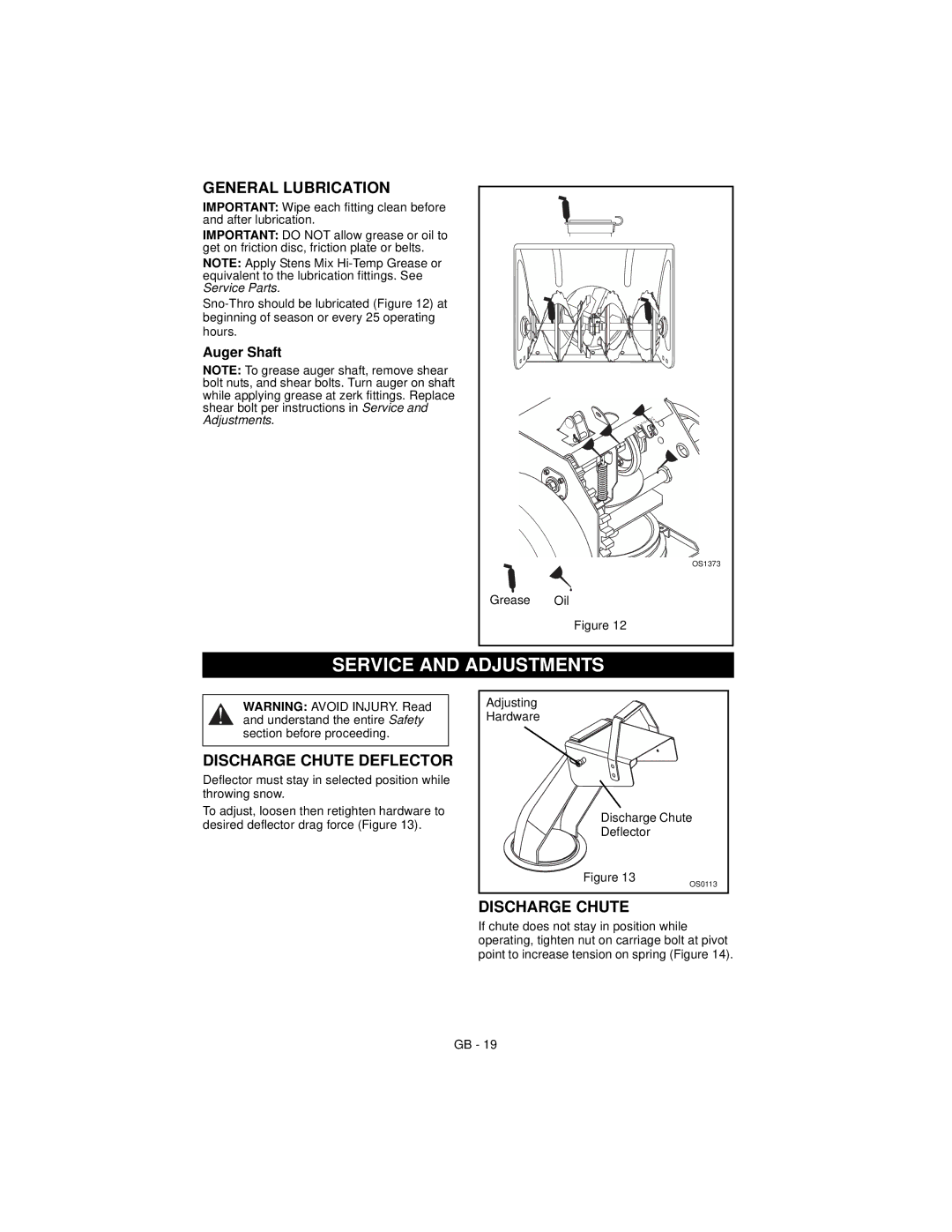 Ariens 932037 - 724, 932038 - 5520 Service and Adjustments, General Lubrication, Discharge Chute Deflector, Auger Shaft 