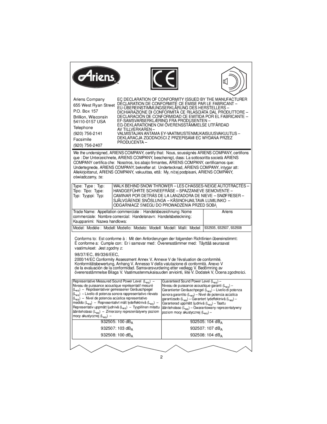 Ariens 932039 - 624, 932038 - 5520, 932037 - 724, 932507 - 520, 932505 - 724 Handgeführte Schneefräse Spazzaneve Semovente 