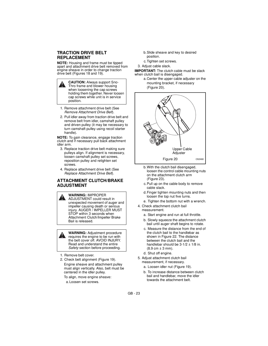 Ariens 932508 - 624, 932038 - 5520, 932037 - 724 manual Traction Drive Belt Replacement, Attachment CLUTCH/BRAKE Adjustment 