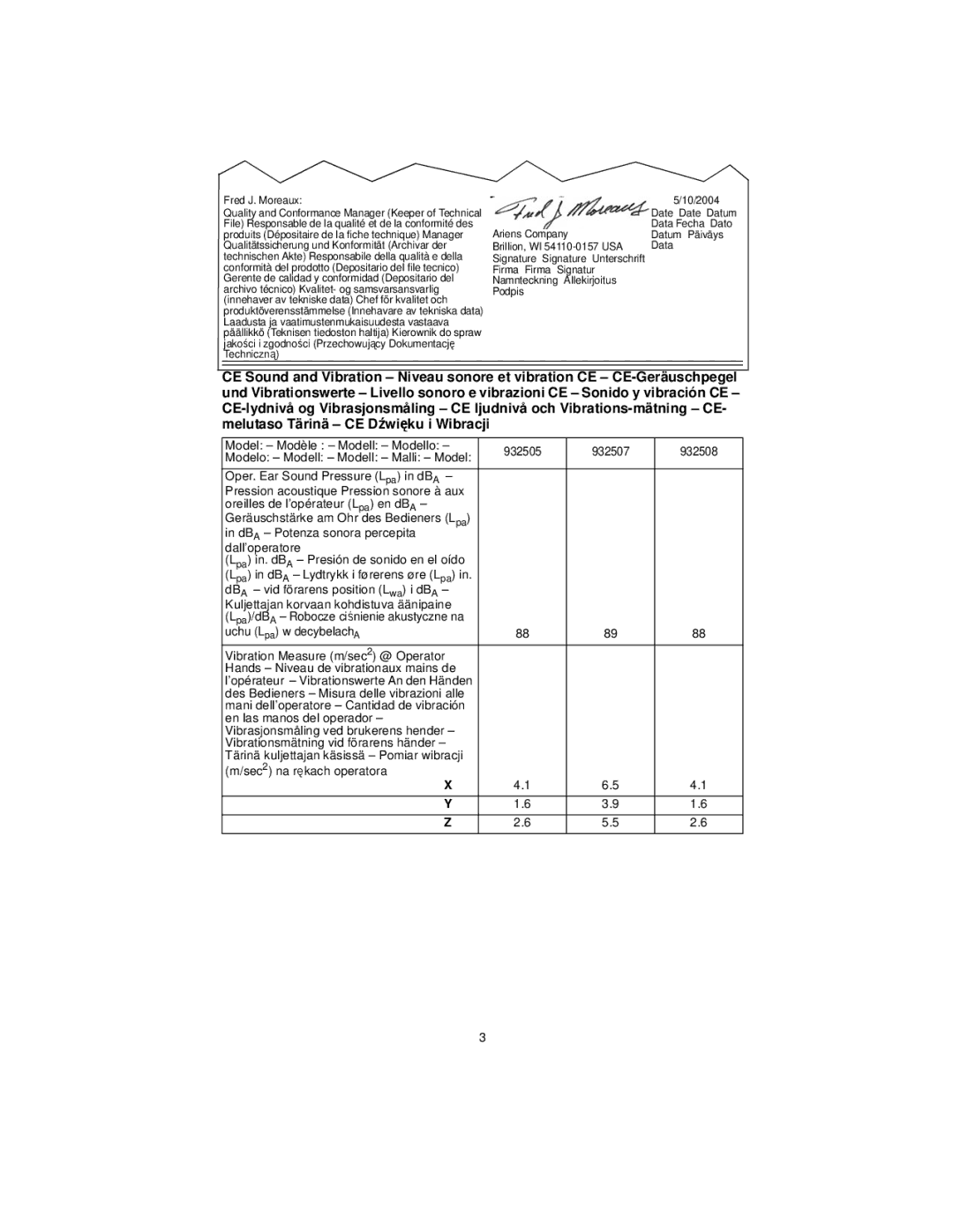 Ariens 932507 - 520, 932038 - 5520, 932037 - 724, 932039 - 624, 932505 - 724 manual ’opérateur Vibrationswerte An den Händen 