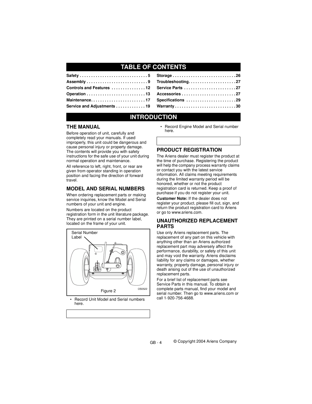 Ariens 932505 - 724, 932038 - 5520, 932037 - 724, 932039 - 624, 932507 - 520, 932508 - 624 Table of Contents, Introduction 