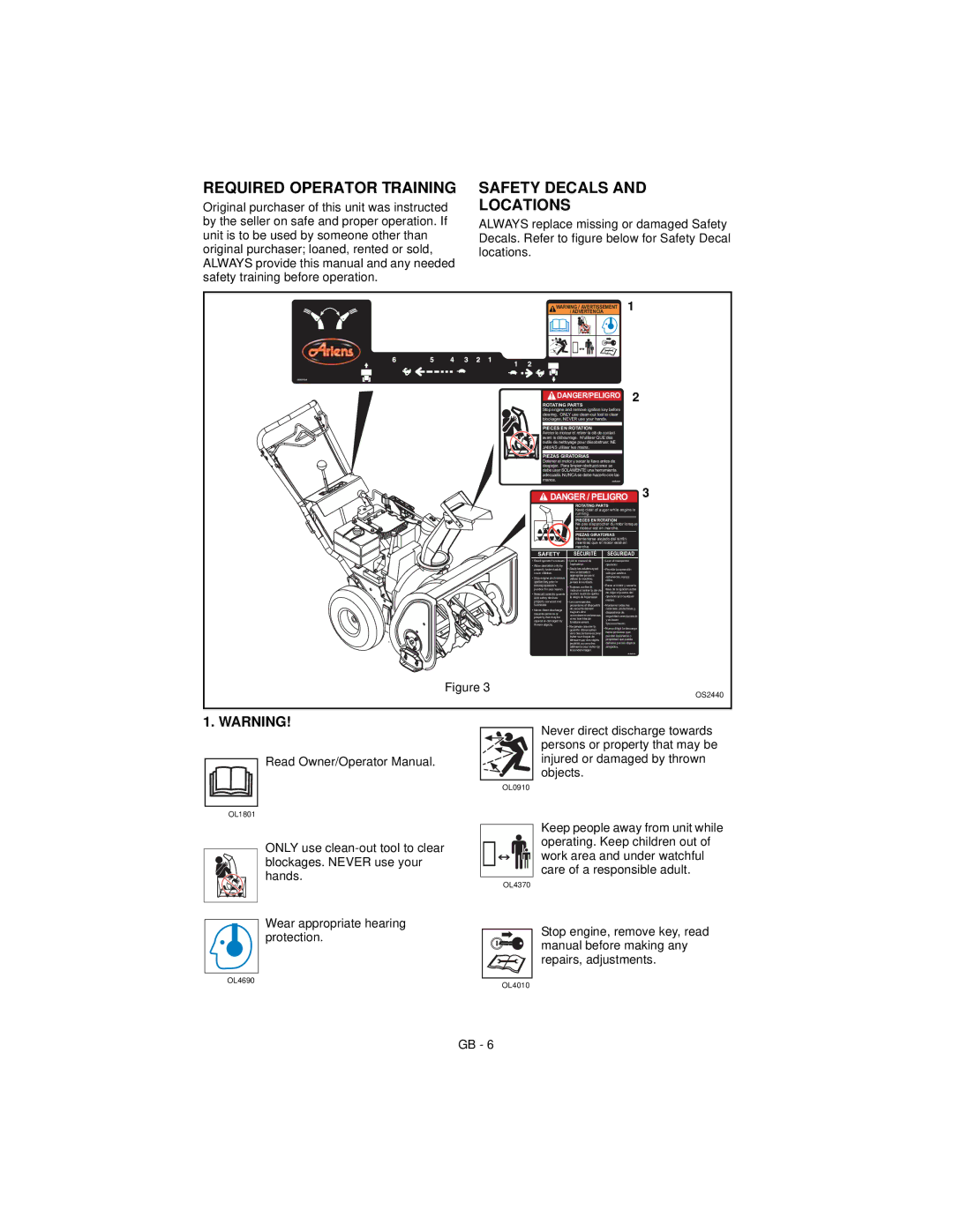 Ariens 932038 - 5520, 932037 - 724, 932039 - 624, 932507 - 520 manual Required Operator Training, Safety Decals Locations 