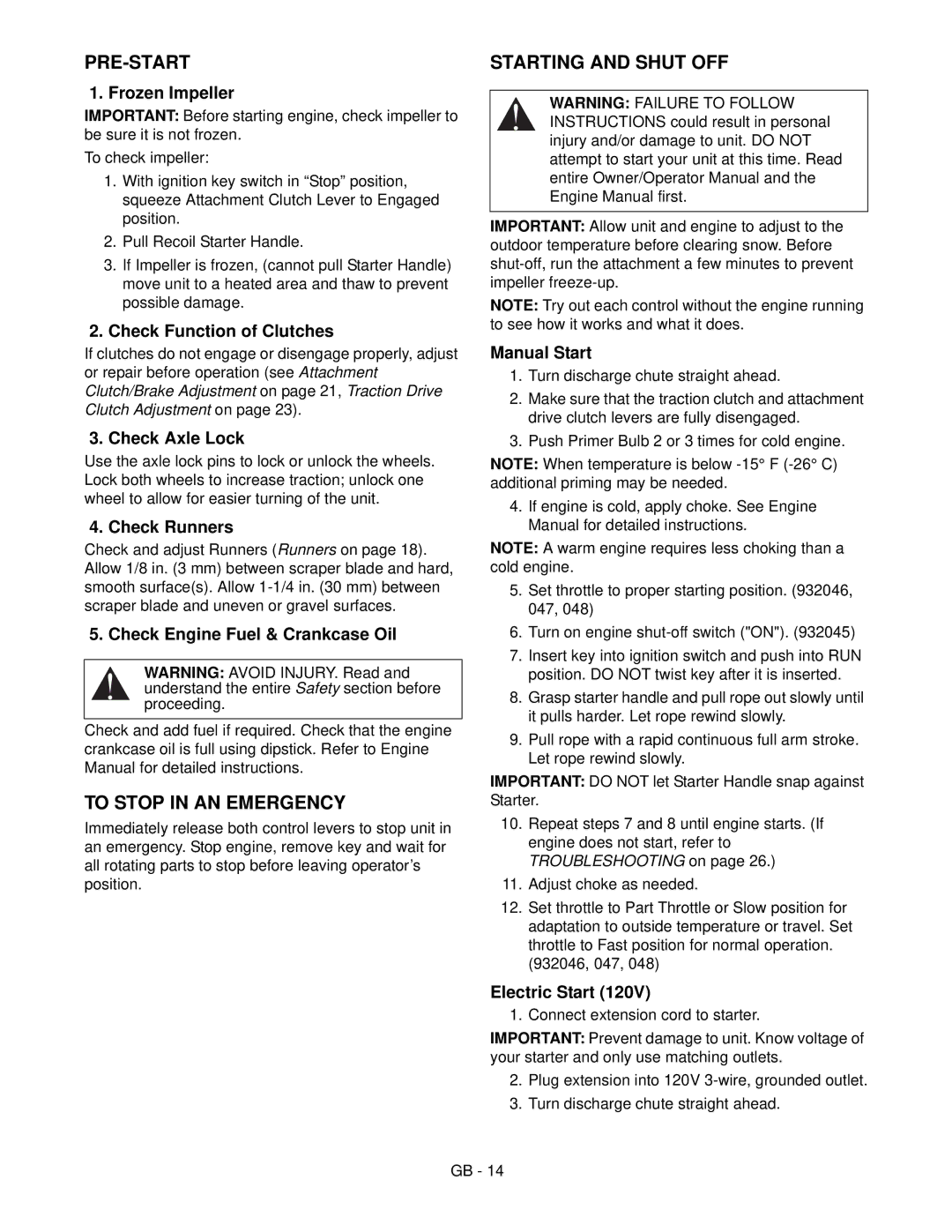 Ariens 932046 - ST724E, 932047 - ST5524E, 932048 - ST5520 manual Pre-Start, To Stop in AN Emergency, Starting and Shut OFF 