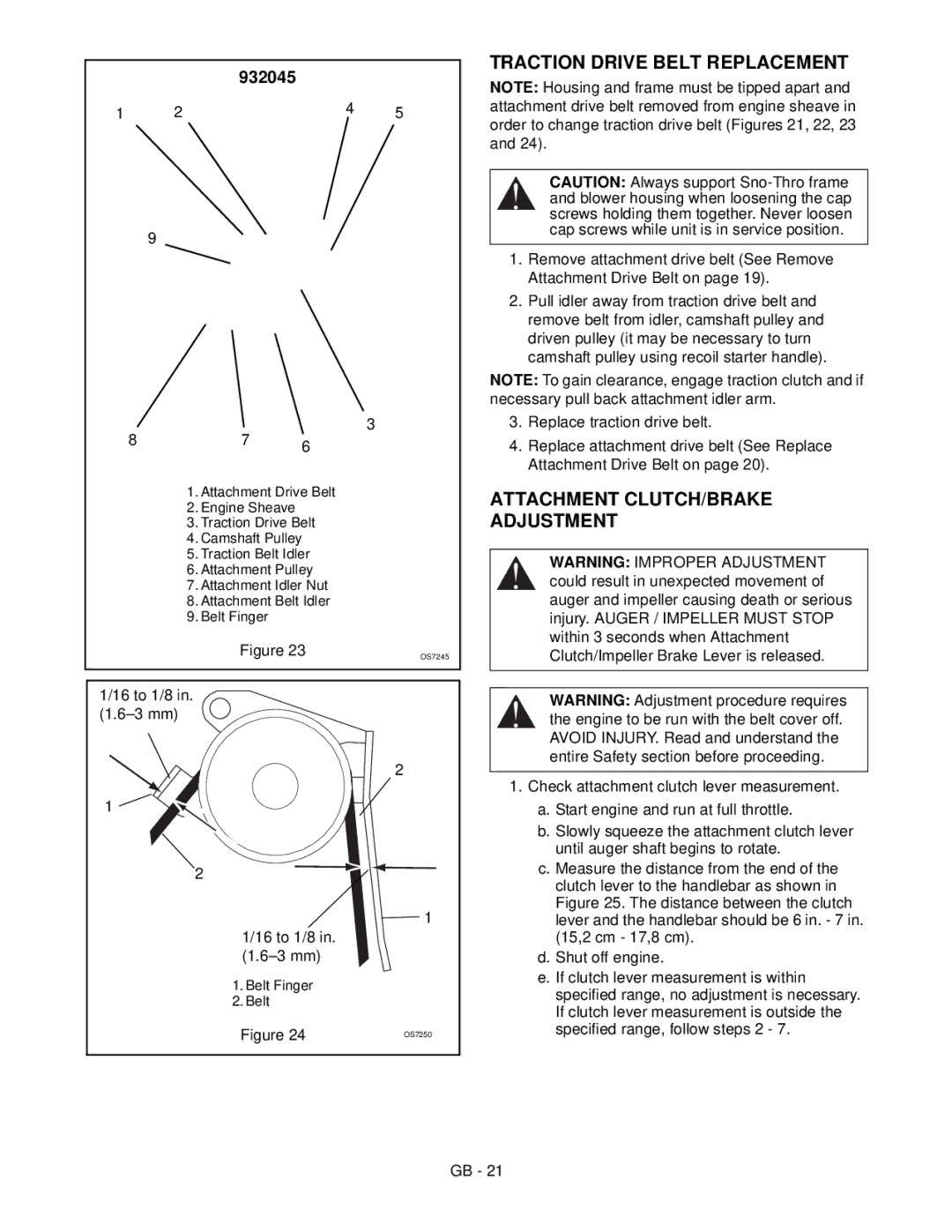 Ariens 932048 - ST5520, 932047 - ST5524E manual Traction Drive Belt Replacement, Attachment CLUTCH/BRAKE, Adjustment 