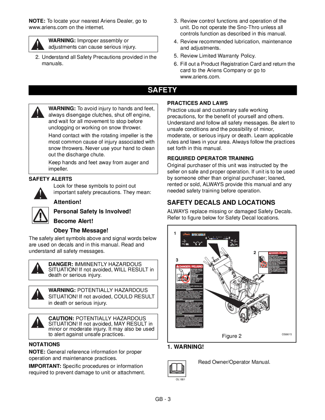 Ariens 932045 - ST8524E manual Safety Decals and Locations, Personal Safety Is Involved Become Alert Obey The Message 