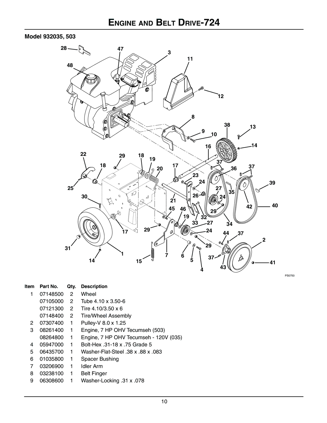 Ariens 932503 - 724, 932101 - 824, 932309 - 824, 932035 - 724, 932103 - 624 manual Engine and Belt DRIVE-724, Model 932035 