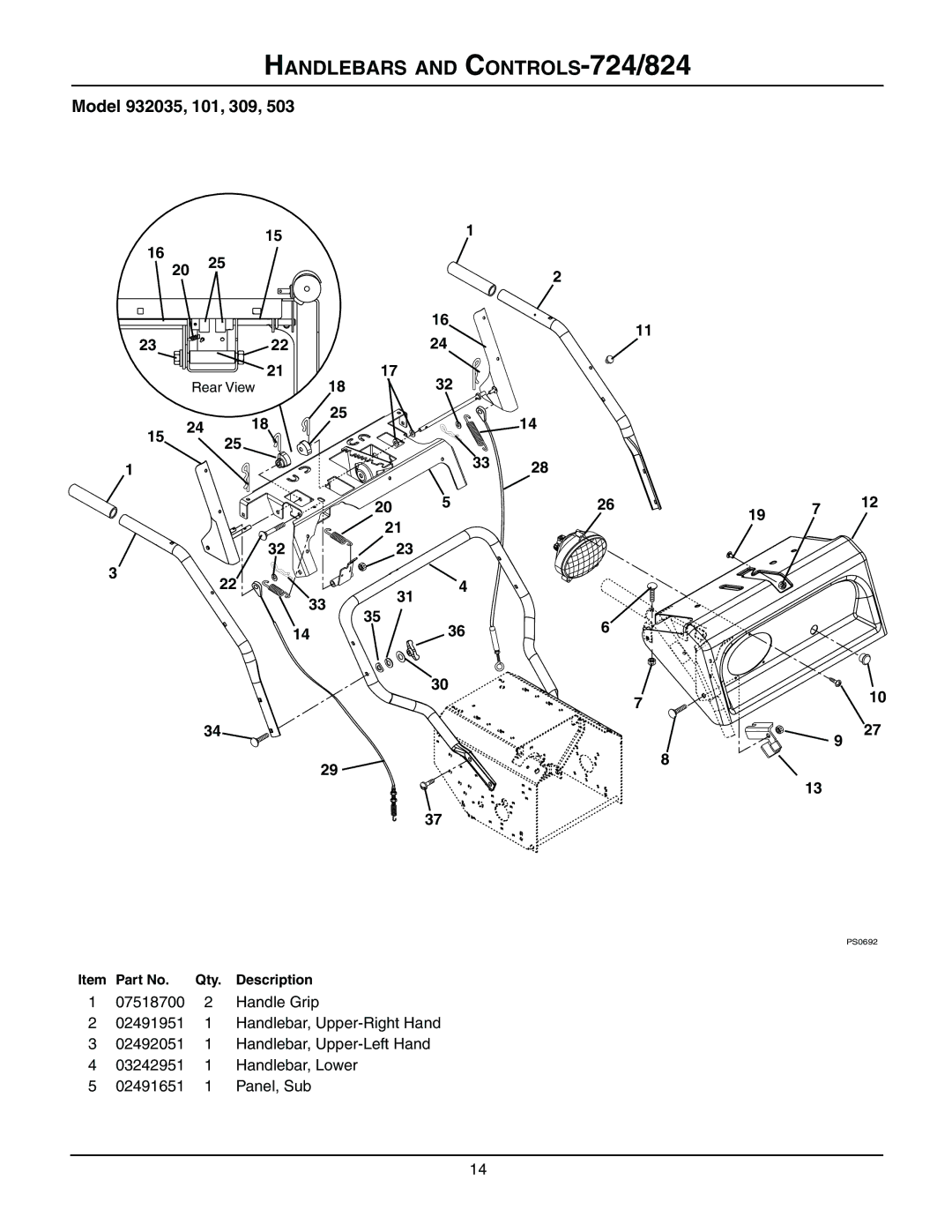 Ariens 932101 - 824, 932309 - 824, 932035 - 724, 932503 - 724, 932103 - 624, 932102 - 520 manual Handlebars and CONTROLS-724/824 