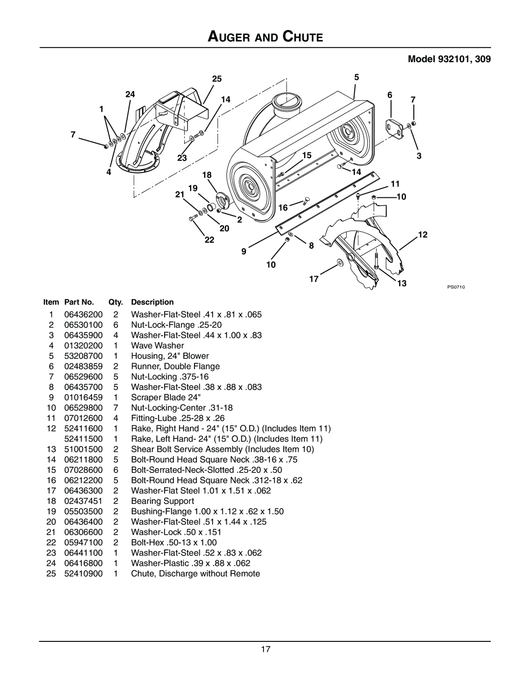 Ariens 932503 - 724, 932101 - 824, 932309 - 824, 932035 - 724, 932103 - 624, 932102 - 520 manual Auger and Chute, Model 932101 