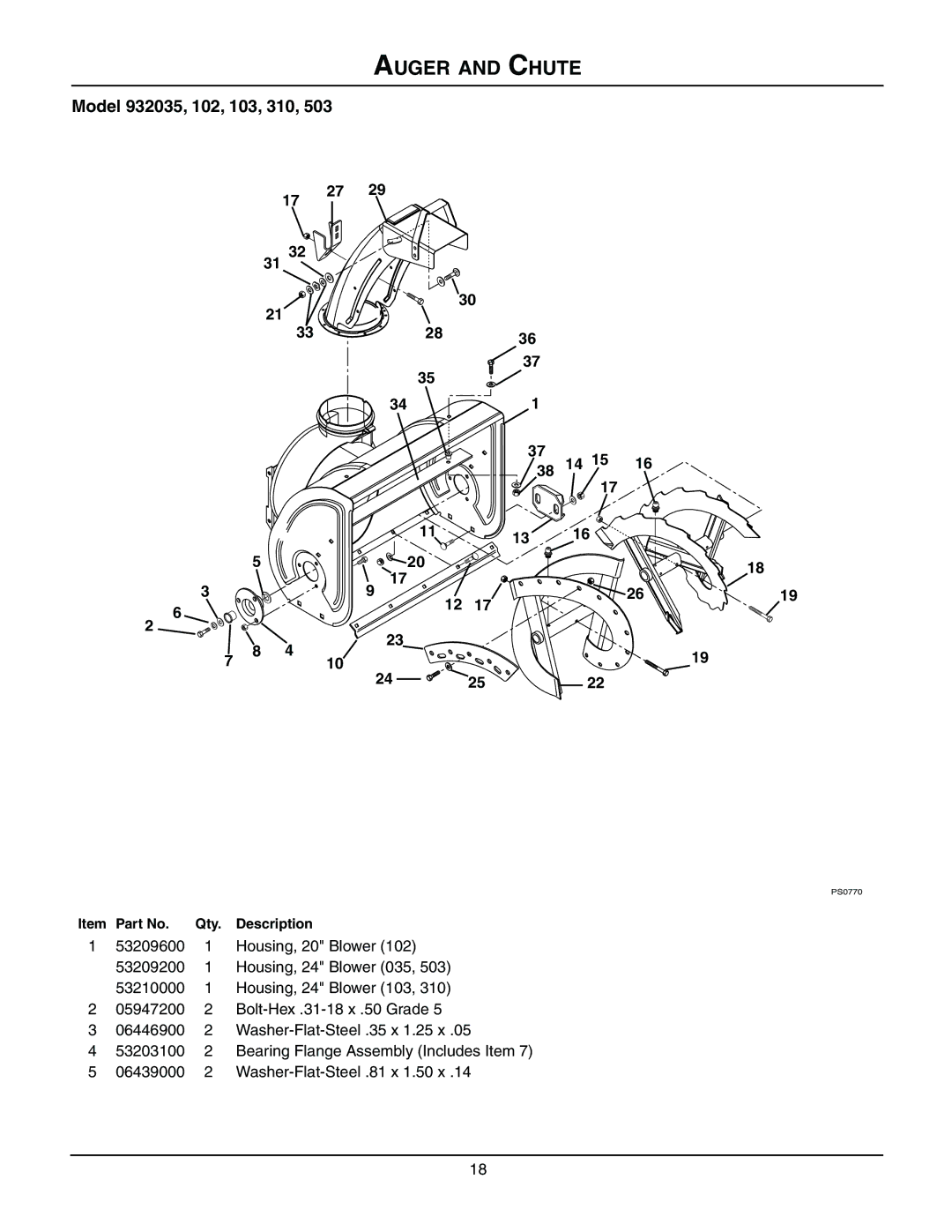 Ariens 932103 - 624, 932101 - 824, 932309 - 824, 932035 - 724, 932503 - 724, 932102 - 520 manual Model 932035, 102, 103, 310 