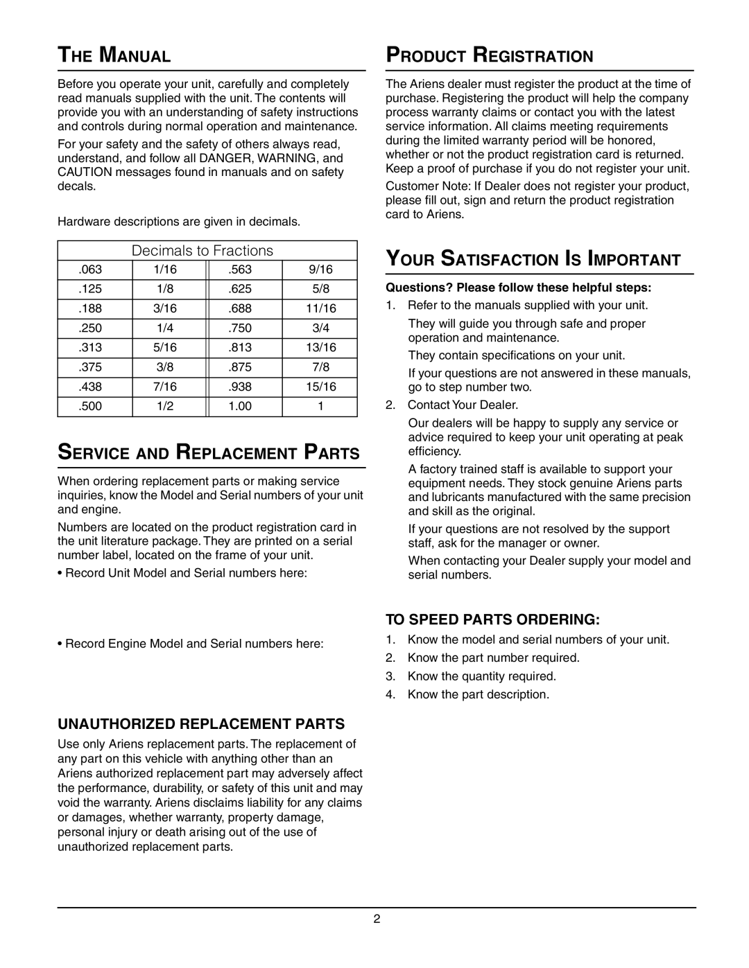 Ariens 932035 - 724 manual Manual, Service and Replacement Parts, Product Registration, Your Satisfaction is Important 