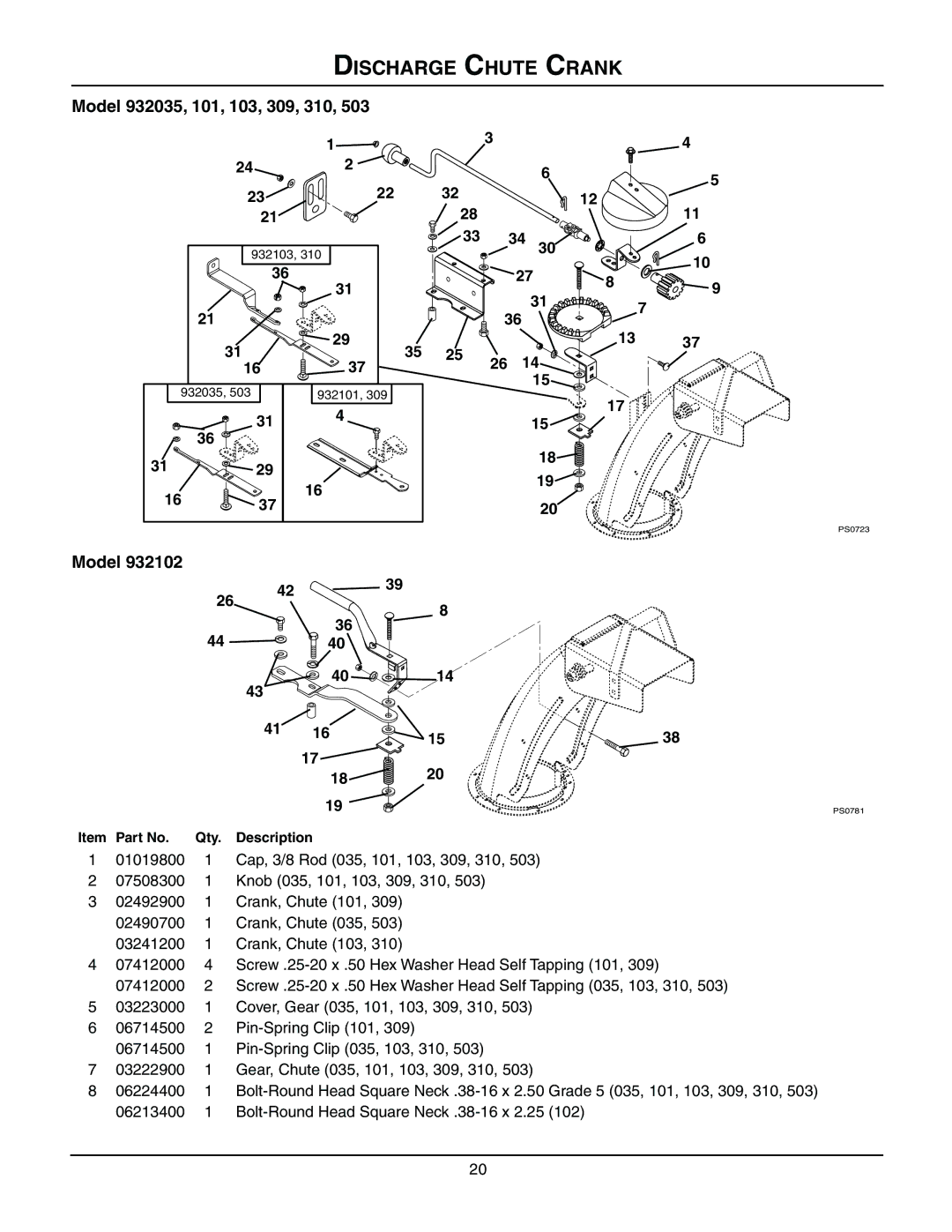 Ariens 932310 - 624, 932101 - 824, 932309 - 824, 932035 - 724 manual Discharge Chute Crank, Model 932035, 101, 103, 309, 310 