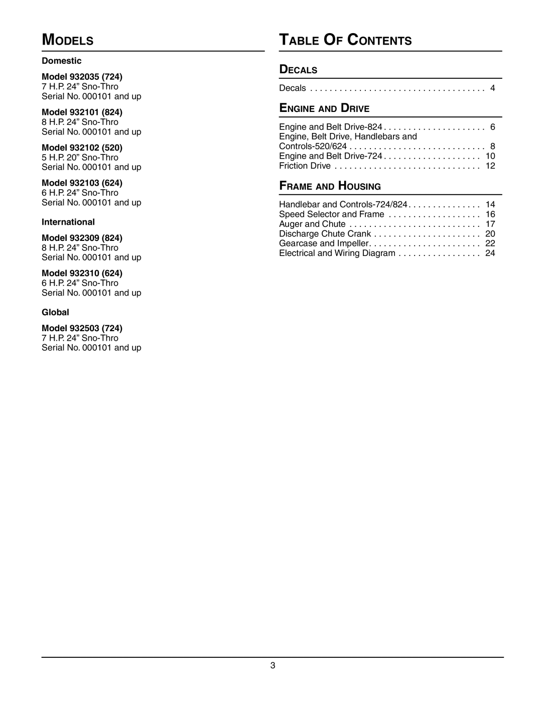 Ariens 932503 - 724, 932101 - 824, 932309 - 824, 932035 - 724, 932103 - 624, 932102 - 520 manual Models Table of Contents 