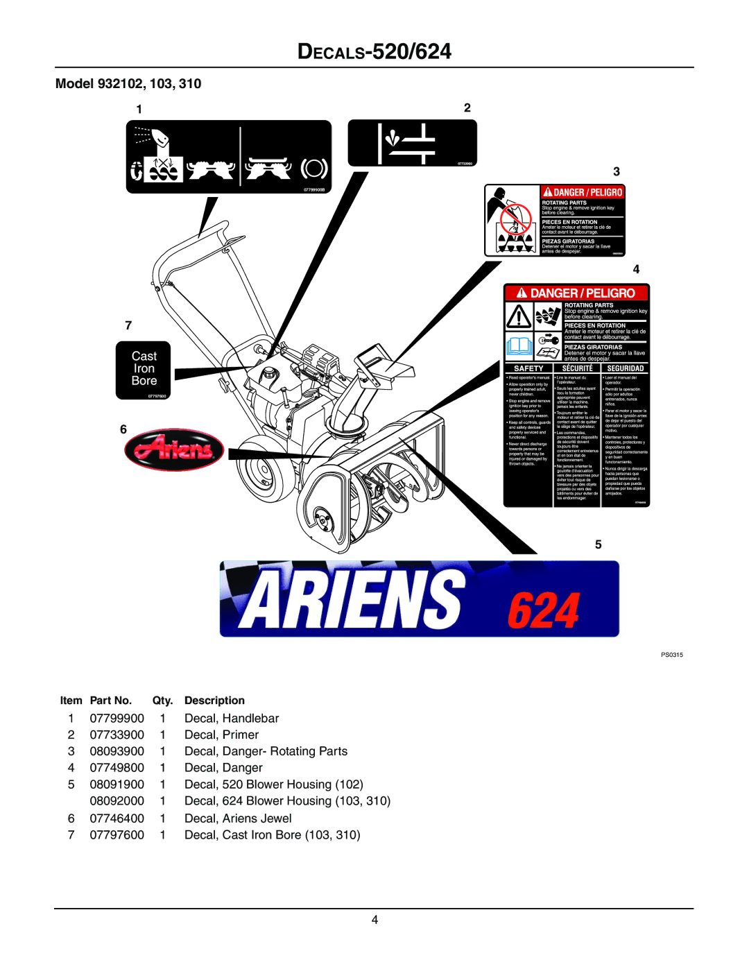 Ariens 932103 - 624, 932101 - 824, 932309 - 824, 932035 - 724, 932503 - 724, 932102 - 520 DECALS-520/624, Model 932102, 103 